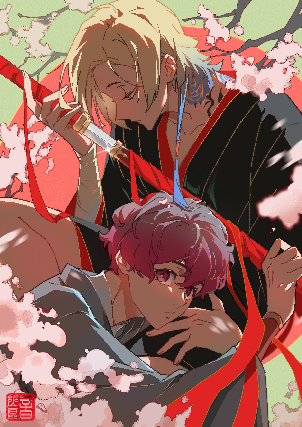 2boys, alexis_ness, black_robe, blonde_hair, blue_eyes, blue_hair, blue_lock, closed_mouth