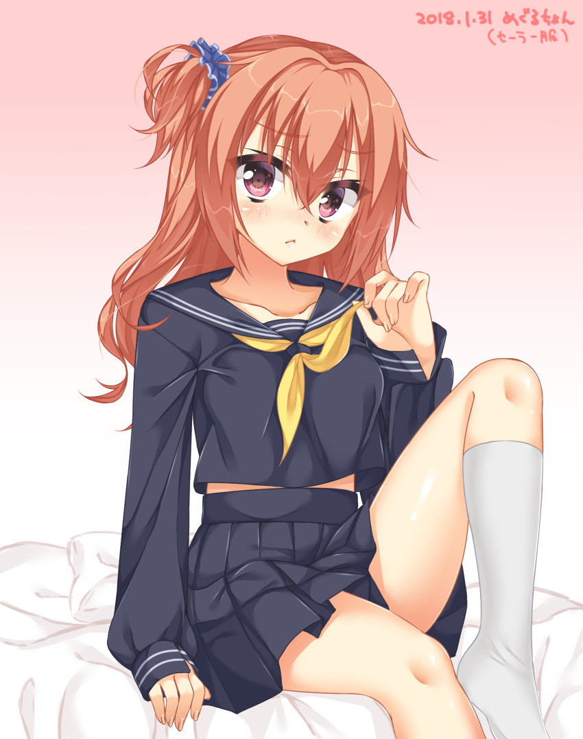 1girl, 2018, :<, alternate_costume, ascot, black_sailor_collar, black_shirt, black_skirt, blue_scrunchie, blush, breasts, character_name, closed_mouth, collarbone, commentary_request, crossed_bangs, dated, eyelashes, frown, furrowed_brow, gradient_background, hair_between_eyes, hair_ornament, hair_scrunchie, hand_up, highres, holding_ascot, inaba_meguru, knees_up, long_hair, looking_at_viewer, miniskirt, nicoseiga_45578174, no_shoes, on_bed, orange_hair, pink_background, pleated_skirt, red_eyes, sailor_collar, sanoba_witch, school_uniform, scrunchie, serafuku, shiny_skin, shirt, shy, side_ponytail, sidelocks, simple_background, sitting, skirt, sleeves_past_wrists, small_breasts, socks, solo, thighs, translated, wavy_hair, white_background, white_socks, yellow_ascot