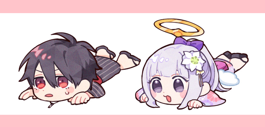 1boy, 1girl, black_hair, bow, floral_print, flower, hair_bow, hair_flower, hair_ornament, halo, highres, indie_virtual_youtuber, iv_4t, japanese_clothes, kimono, light_purple_hair, long_hair, lying, nijisanji, on_stomach, pink_background, purple_bow, red_eyes, sandals, shirayuri_lily, short_hair, striped, striped_kimono, sweatdrop, two-tone_background, vertical-striped_kimono, vertical_stripes, violet_eyes, virtual_youtuber, vivid_(production), white_background, white_flower, wings, yukata, yumeoi_kakeru