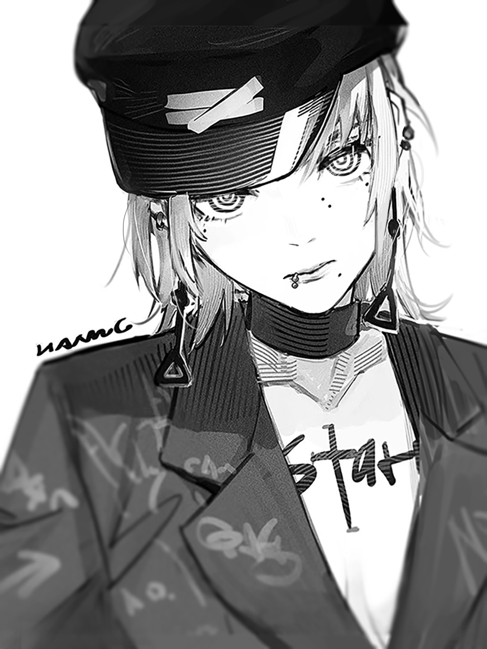 1girl, artist_name, chainsaw_man, choker, coat, earrings, fami_(chainsaw_man), greyscale