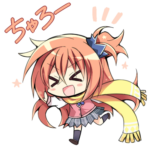 >_<, 1girl, :d, black_socks, blue_bow, blue_bowtie, blue_scrunchie, blush_stickers