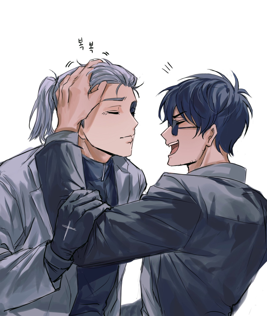 2boys, ^_^, black_gloves, black_hair, black_jacket, chewinggum205, closed_eyes, closed_mouth, gloves, grey_jacket, hand_on_another's_head, hand_up, highres, jacket, livio_the_doublefang, long_sleeves, male_focus, multiple_boys, nicholas_d._wolfwood, open_mouth, short_hair, simple_background, smile, sunglasses, trigun, trigun_stampede, upper_body, white_background