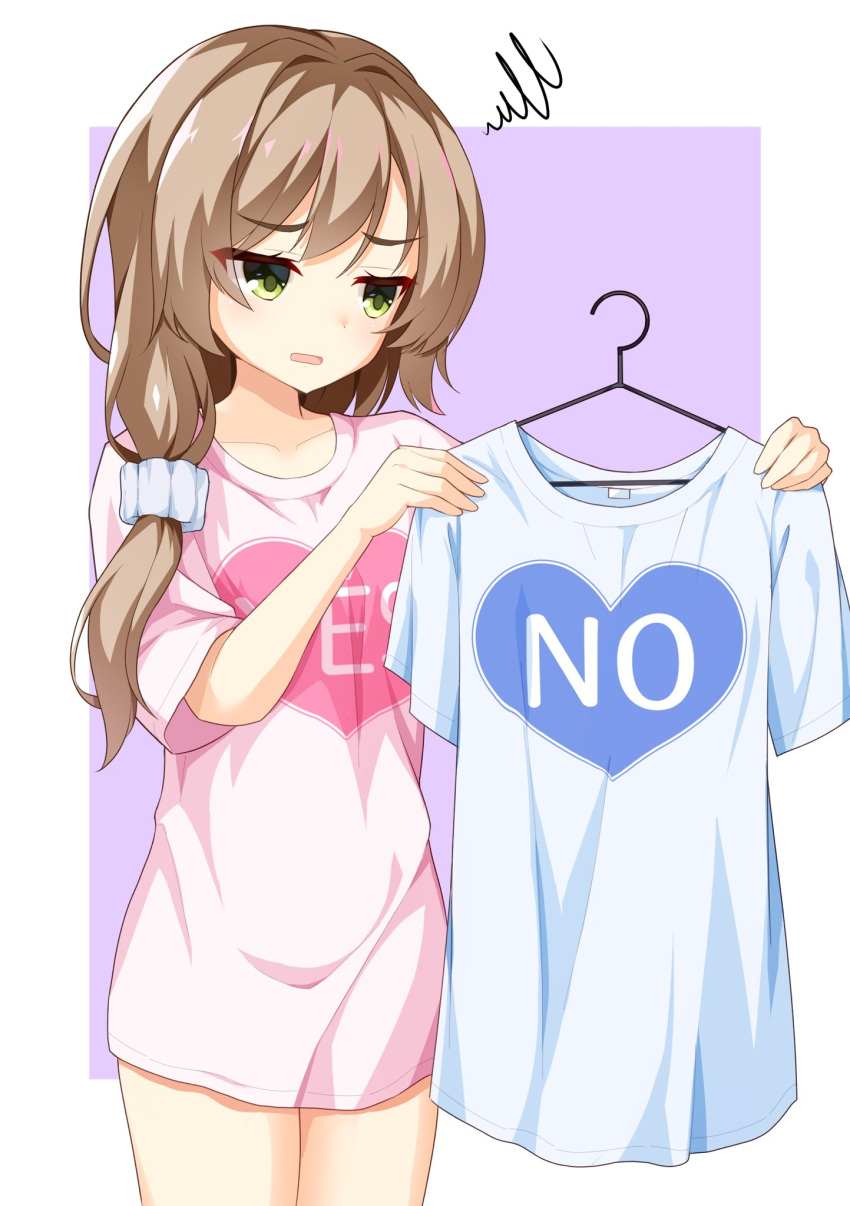 1girl, blue_shirt, breasts, brown_hair, clothes_hanger, collarbone, cowboy_shot, double-parted_bangs, eyelashes, eyes_visible_through_hair, frown, green_eyes, hair_ornament, hair_scrunchie, heart, highres, holding, holding_clothes, holding_shirt, light_blush, long_hair, looking_at_object, mikuni_sairi, naked_shirt, open_mouth, pink_shirt, purple_background, scrunchie, sesen2000, shirt, short_hair, short_sleeves, side_ponytail, sidelocks, simple_background, small_breasts, solo, squiggle, standing, tenshi_souzou, white_background, white_scrunchie, yes