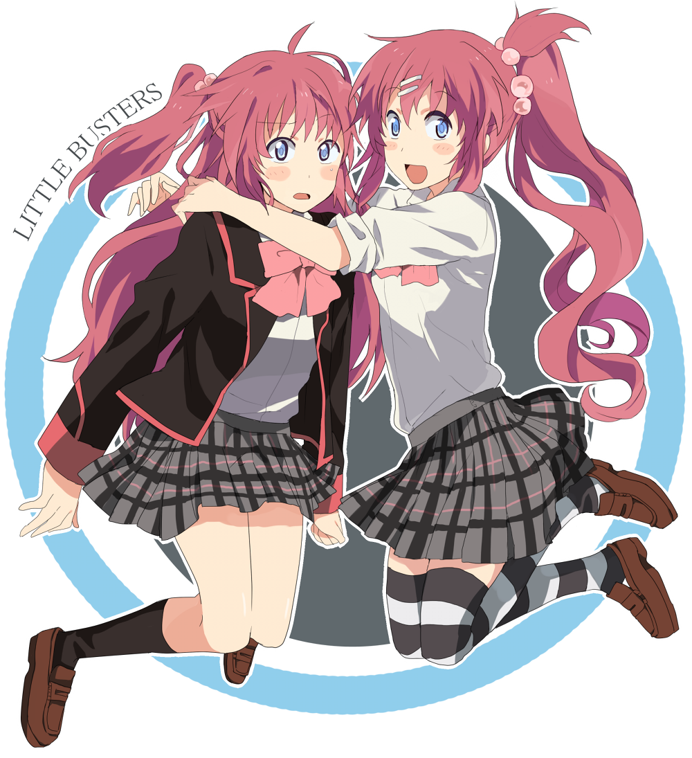 aya_(emo), blue_eyes, futaki_kanata, hug, little_busters!!, multiple_girls, plaid, plaid_skirt