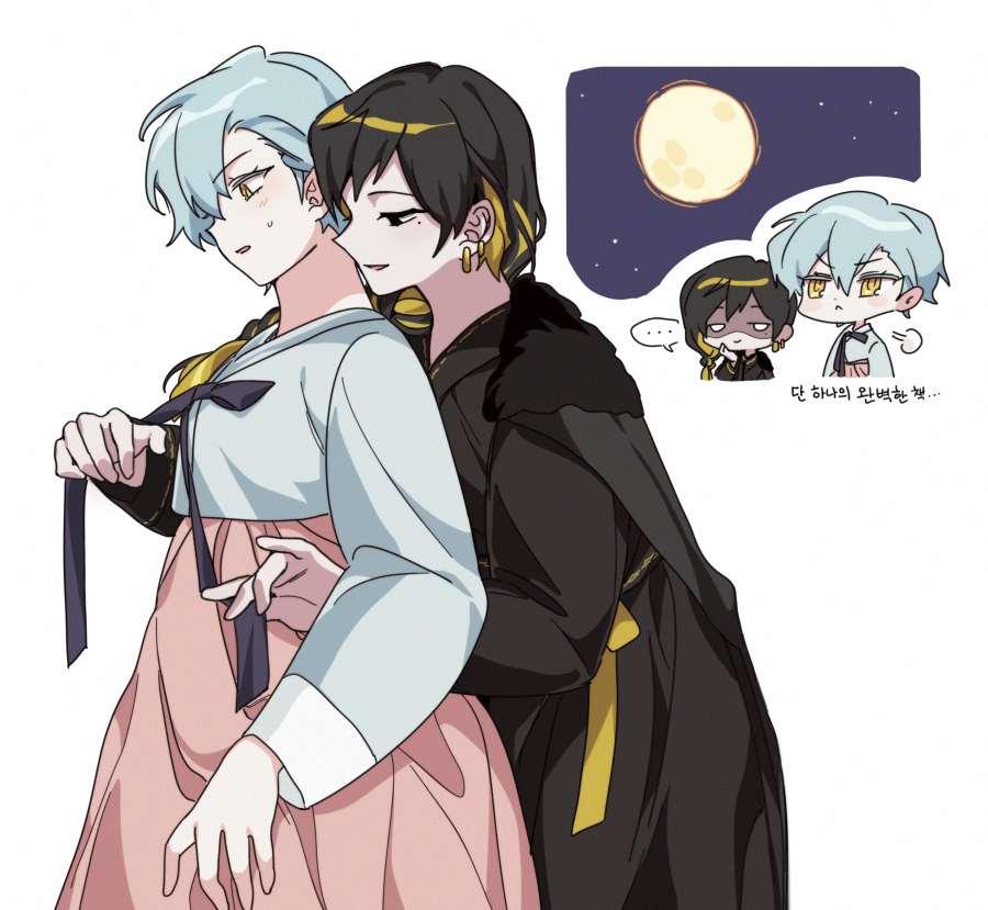 2girls, angela_(project_moon), bbunny, binah_(project_moon), black_eyes, black_hair, black_hanbok, blonde_hair