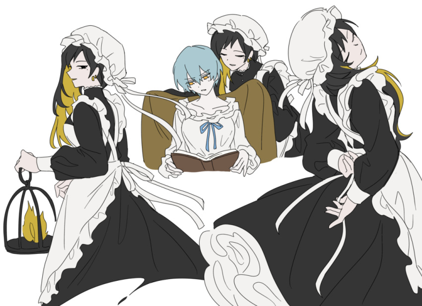 2girls, angela_(project_moon), apron, bbunny, binah_(project_moon), birdcage, black_dress, black_eyes