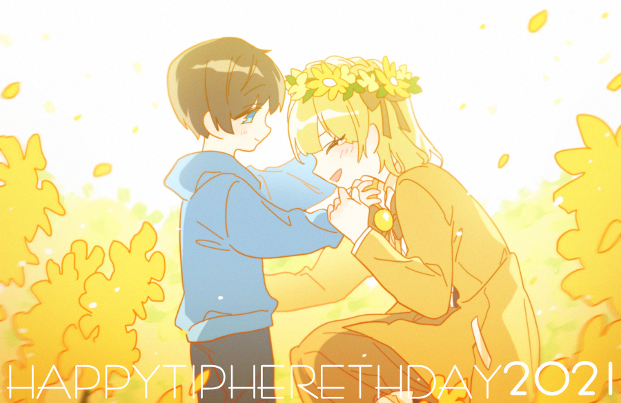 1boy, 1girl, 2021, bbunny, black_hair, black_pants, blue_eyes, blue_hoodie