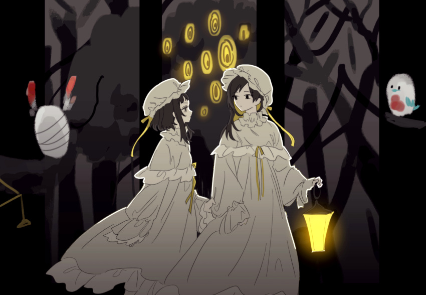 2girls, bbunny, big_bird_(lobotomy_corporation), binah_(project_moon), bird, black_hair, blonde_hair, closed_mouth