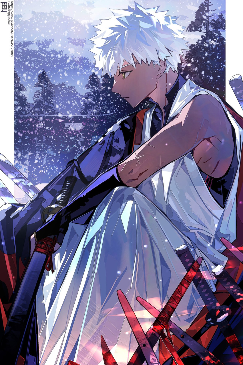 1boy, artist_name, black_gloves, black_kimono, eeju, emiya_shirou, fate/grand_order, fate_(series), from_side, gloves, highres, holding, holding_sword, holding_weapon, japanese_clothes, katana, kimono, male_focus, outdoors, pixiv_username, profile, scar, scar_on_arm, senji_muramasa_(fate), senji_muramasa_(third_ascension)_(fate), short_hair, sitting, snow, snowflakes, snowing, solo, sword, tan, twitter_username, weapon, white_hair, yellow_eyes