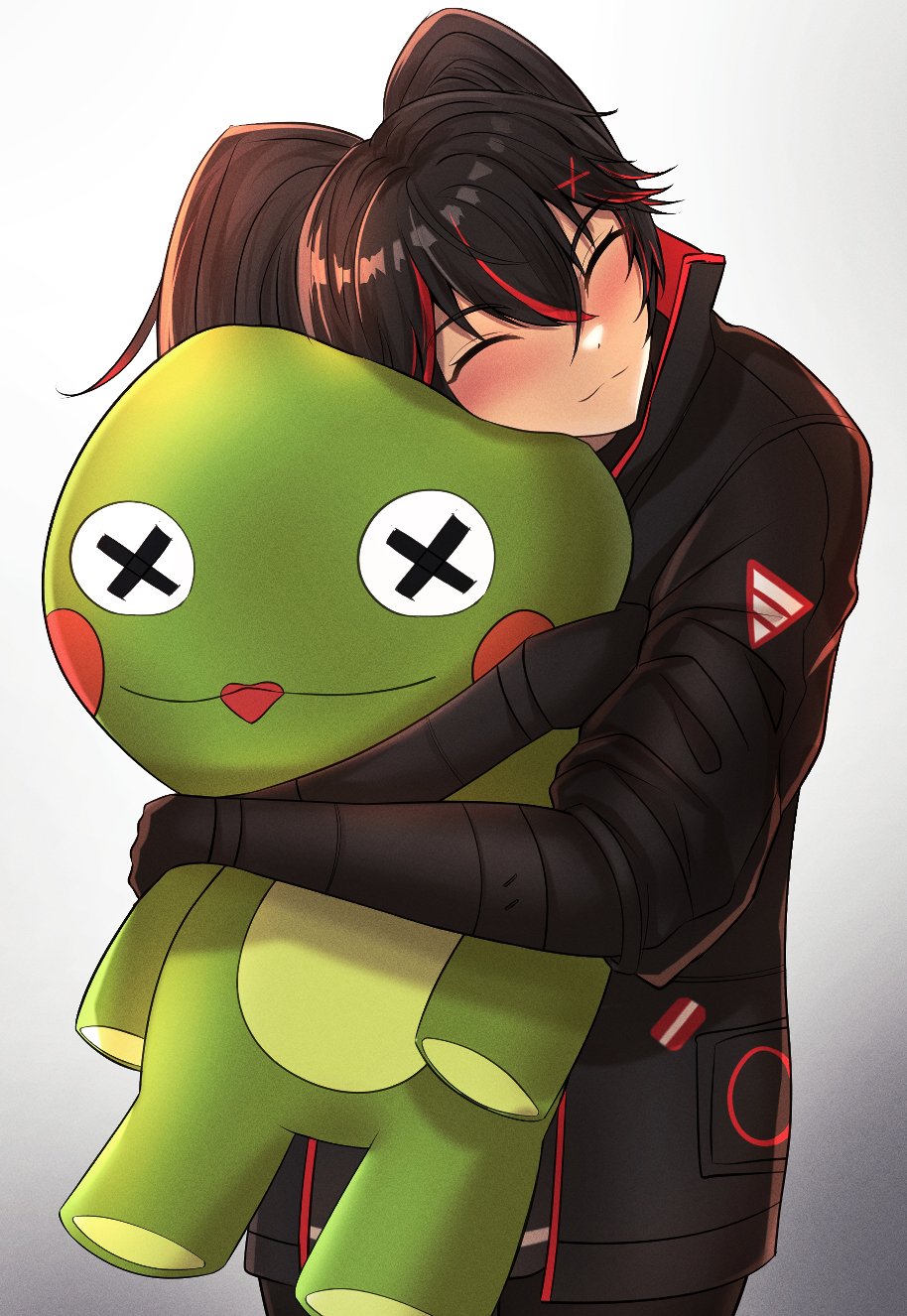 1girl, black_hair, black_jacket, blush, cesvelox, closed_mouth, doll_hug, hair_between_eyes