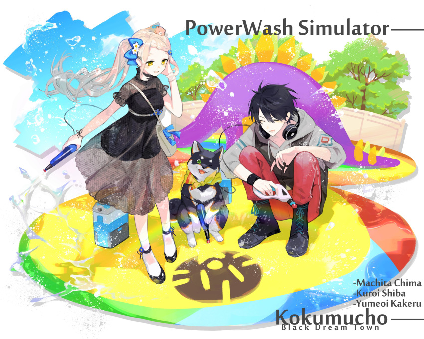 1boy, 1girl, absurdres, adjusting_hair, animal_on_head, black_dress, black_footwear, black_hair