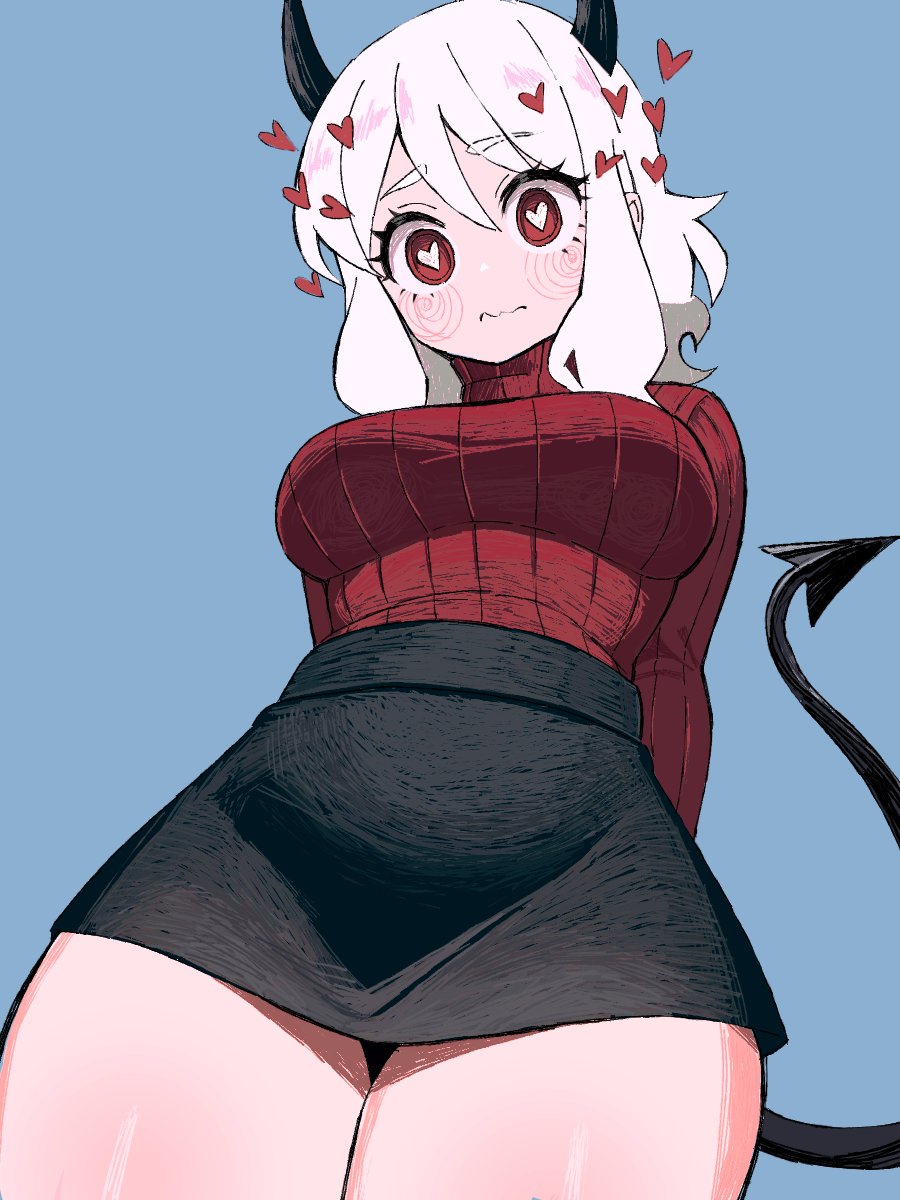 1girl, arms_behind_back, black_horns, black_skirt, blue_background, blush, breasts, confused, demon, demon_girl, demon_horns, demon_tail, from_below, heart, heart-shaped_pupils, helltaker, highres, horns, looking_at_viewer, looking_down, modeus_(helltaker), red_sweater, skirt, sweater, symbol-shaped_pupils, tail, thighs, white_hair, zeon_(zzeeonn)