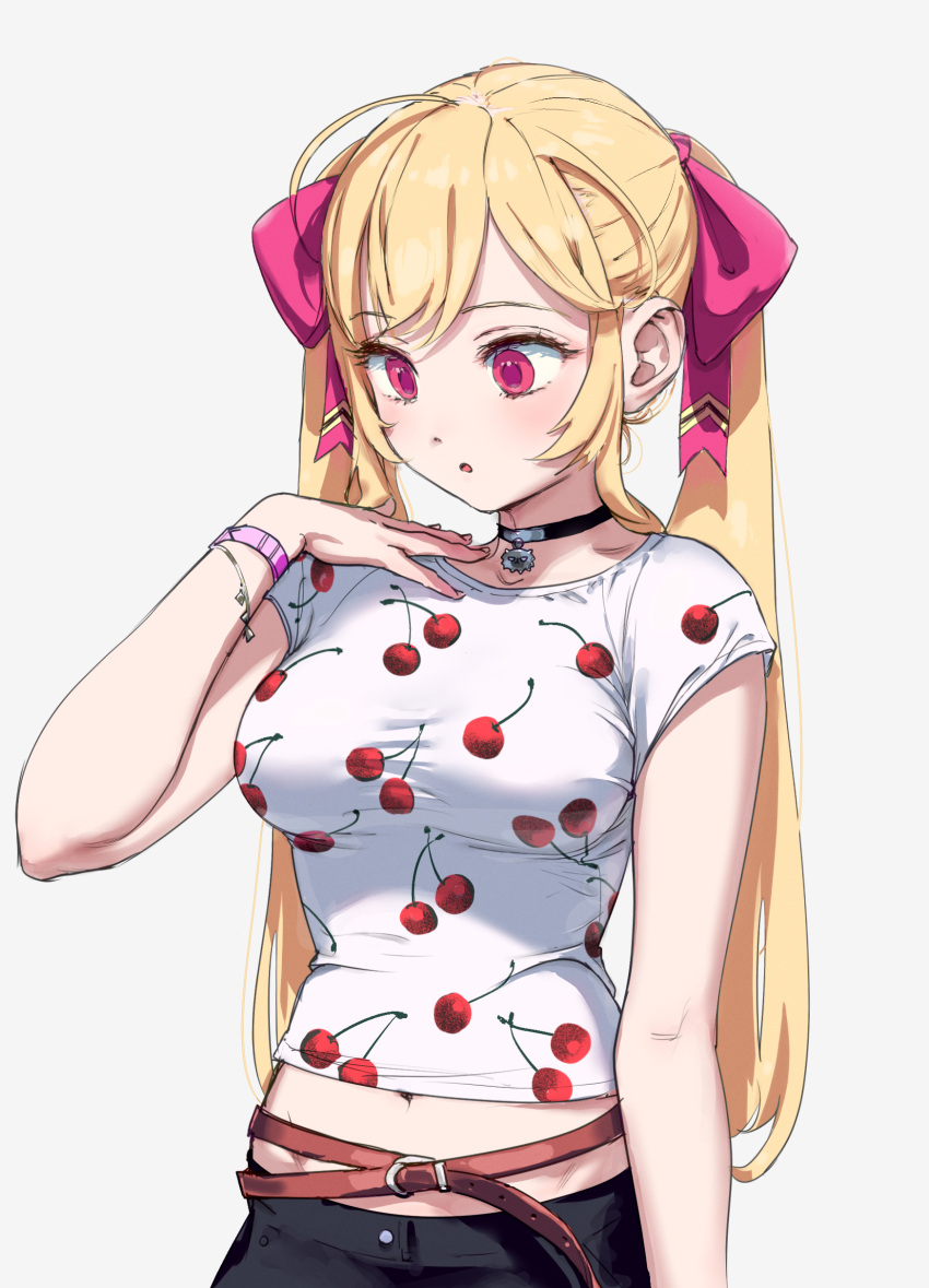 1girl, absurdres, ahoge, alternate_costume, belt, black_choker, blonde_hair, blush