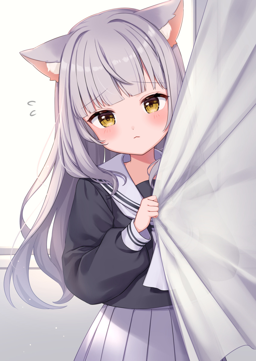 1girl, animal_ear_fluff, animal_ears, black_shirt, blunt_bangs, cat_ears, cat_girl, curtains