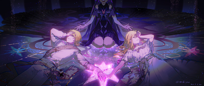 1boy, 2girls, absurdres, alternate_costume, artist_name, black_dress, blonde_hair, brother_and_sister