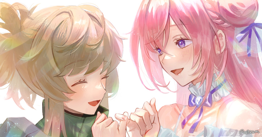2girls, armor, artist_name, blonde_hair, blue_eyes, blue_ribbon, blush, braid