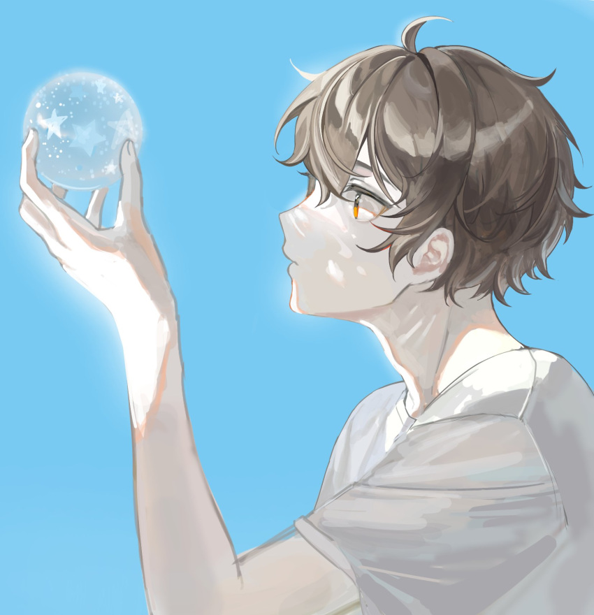 1boy, blue_background, brown_hair, from_side, hair_between_eyes, highres, holding, holding_orb