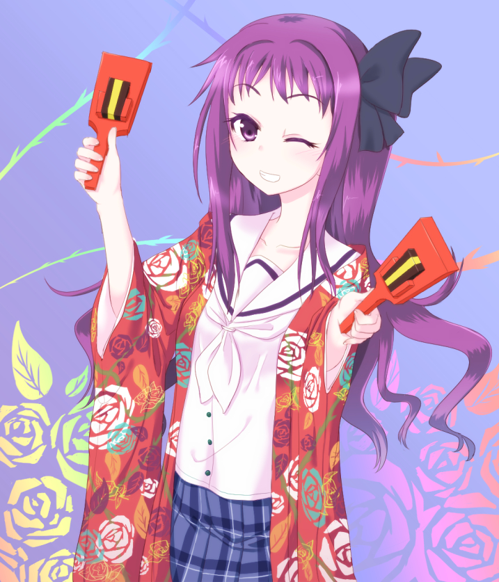 1girl, blue_background, hair_ribbon, hanayamata, haori, japanese_clothes, kawazu_kento, purple_hair