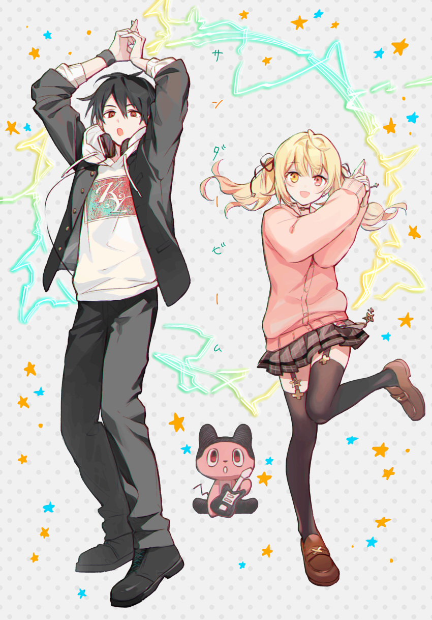 1boy, 1girl, absurdres, arms_up, black_footwear, black_hair, black_jacket, black_pants, black_thighhighs, blonde_hair, brown_footwear, cardigan, collared_shirt, full_body, garter_straps, hair_between_eyes, hair_ornament, hair_ribbon, hands_up, headphones, headphones_around_neck, heterochromia, highres, hood, hood_down, hoodie, hoshikawa_sara, iv_4t, jacket, loafers, long_hair, nijisanji, orange_eyes, pants, pink_cardigan, plaid, plaid_skirt, pleated_skirt, polka_dot, polka_dot_background, red_eyes, red_ribbon, ribbon, shirt, shoes, short_hair, skirt, star_(symbol), thigh-highs, twintails, virtual_youtuber, white_hoodie, white_shirt, wristband, x_hair_ornament, yumeoi_kakeru