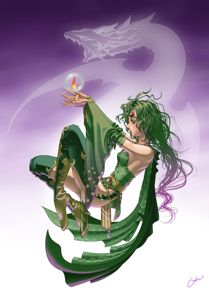 ass, boots, breasts, cape, detached_sleeves, dragon, final_fantasy, final_fantasy_iv, fire, goh, green_hair, high_heels, leg_up, legs, long_hair, long_legs, magic, mist_dragon, rydia, shoes, sideboob, thigh_boots, thighhighs, thighs