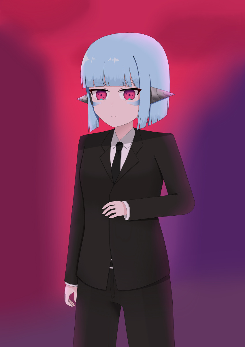 1girl, absurdres, android, autonomous_android_mk.2, blue_hair, formal, green_030306, guardian_tales, highres, multicolored_background, solo, suit