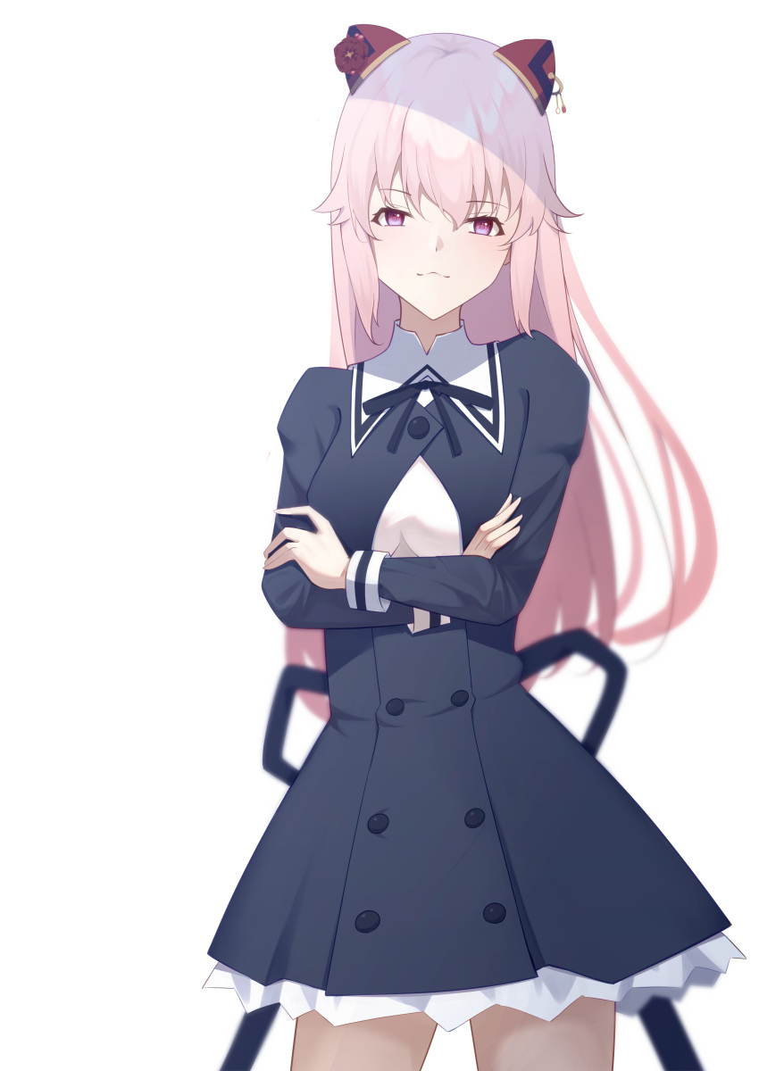 1girl, absurdres, arms_under_breasts, assault_lily, black_ribbon, black_skirt, breasts, buttons