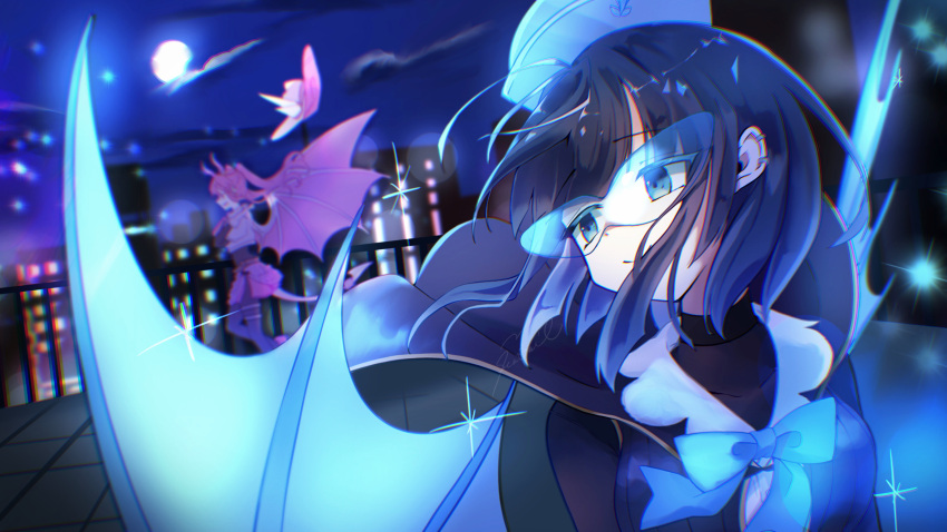 2girls, absurdres, blue-tinted_eyewear, blue_hair, city_lights, clouds, demon_tail, demon_wings