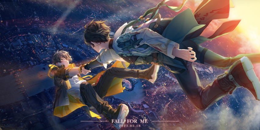 2boys, absurdres, bishounen, black_gloves, black_hair, caelus_(honkai:_star_rail), city, dan_heng_(honkai:_star_rail)