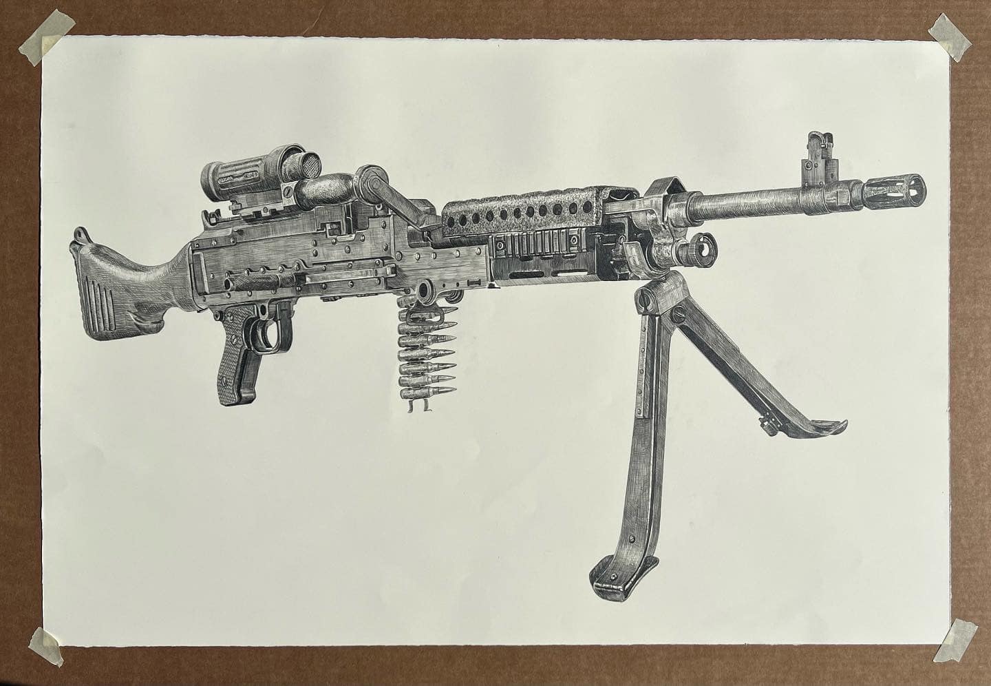 ammunition, ammunition_belt, bipod, commentary, english_commentary, flash_hider, fn_mag, general-purpose_machine_gun, greyscale, gun, handle, lorin_michki, machine_gun, monochrome, no_humans, optical_sight, original, paper, perspective, photo_(medium), rifle_cartridge, screw, simple_background, still_life, tape, traditional_media, weapon, weapon_focus