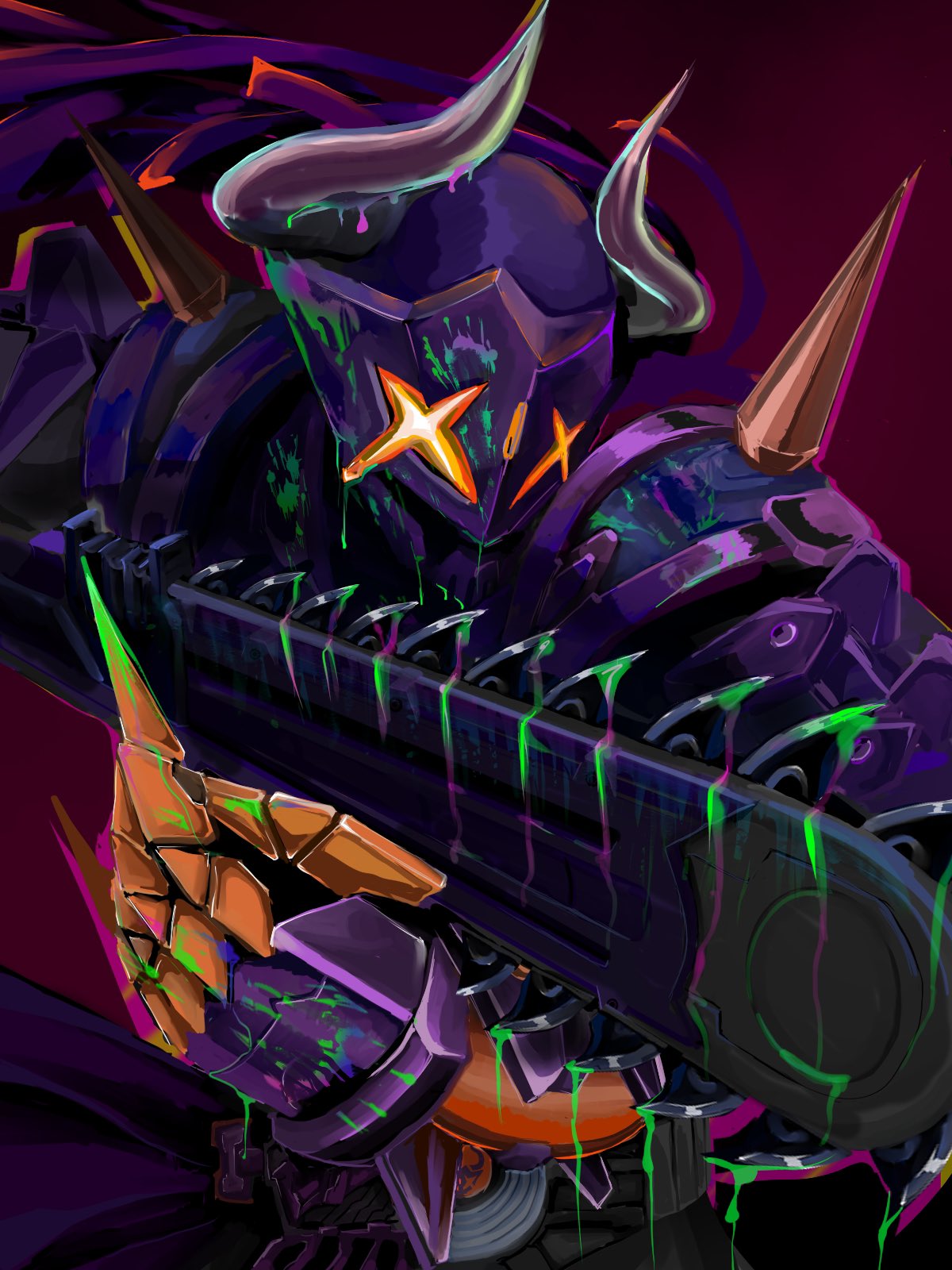 +_+, 1boy, black_bodysuit, blood, blood_on_face, blood_on_weapon, bodysuit, buffalo, bull, chainsaw, claw_(weapon), commentary_request, cowboy_shot, desire_driver, donguri_kaijin, gloves, green_blood, highres, holding, holding_sword, holding_weapon, horns, kamen_rider, kamen_rider_buffa, kamen_rider_geats_(series), logo, long_hair, looking_at_viewer, male_focus, purple_hair, red_background, scarf, shoulder_spikes, spikes, splatter, sword, upper_body, weapon, zombie