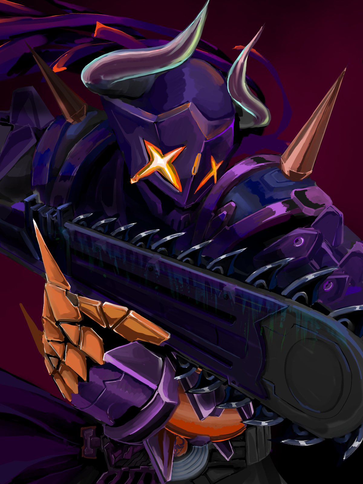 +_+, 1boy, black_bodysuit, bodysuit, buffalo, bull, chainsaw, claw_(weapon)