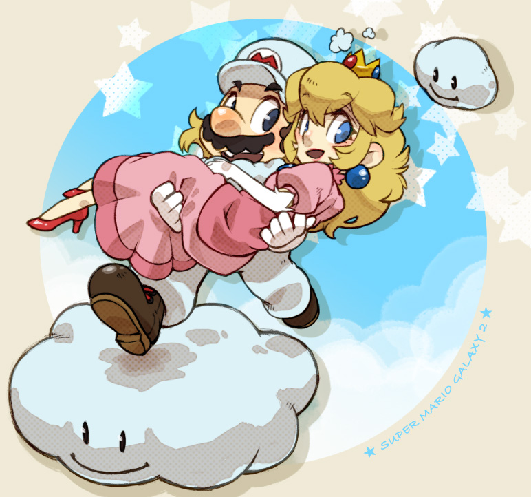 blonde_hair, blue_eyes, brown_hair, carrying, cloud, cloud_mario, clouds, crown