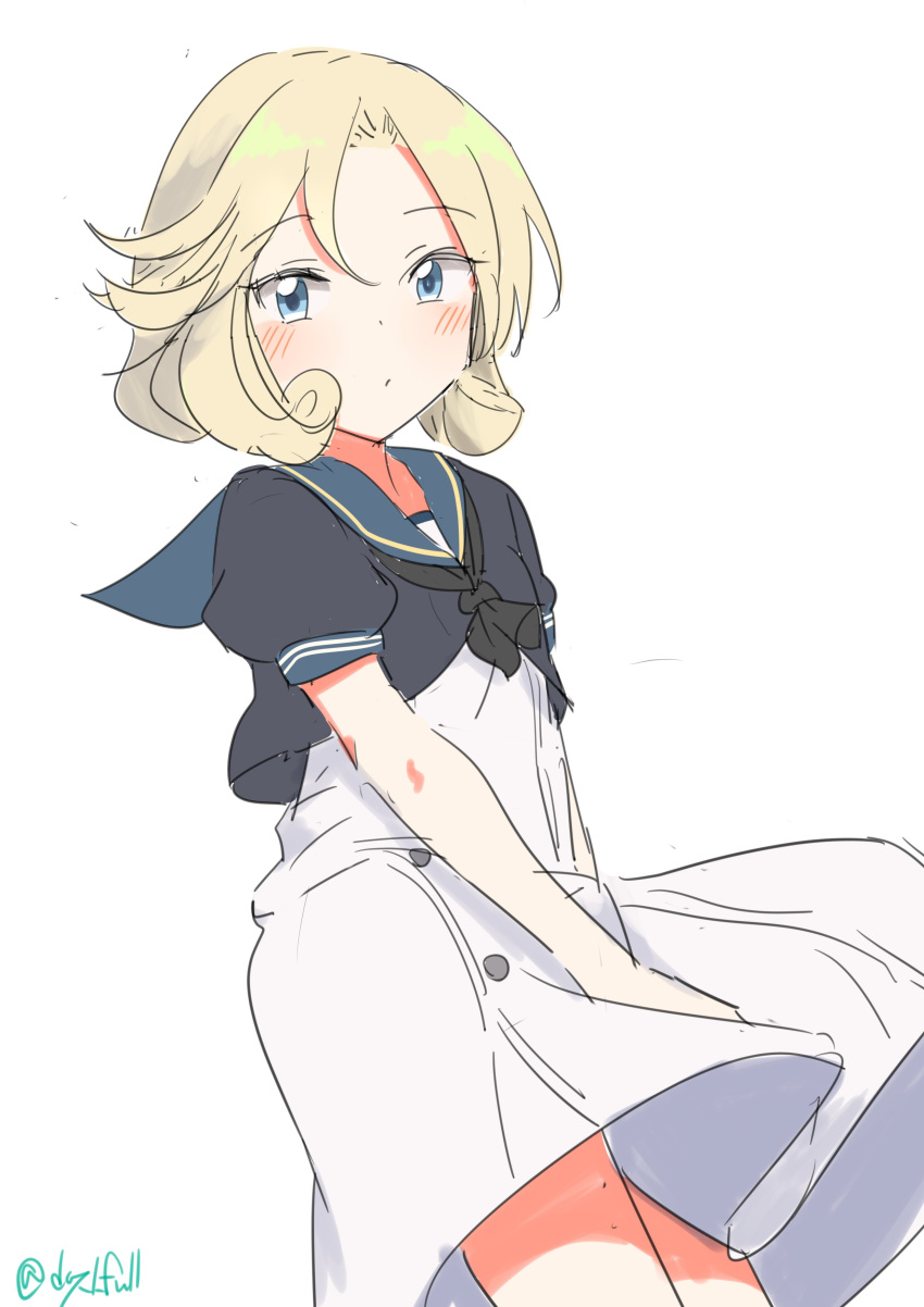 1girl, absurdres, black_jacket, black_neckerchief, blonde_hair, blue_eyes, blue_sailor_collar, dress