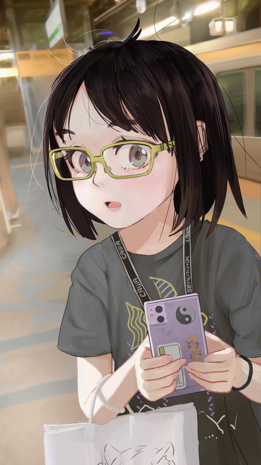 1girl, animal_print, artist_name, bag, black_bracelet, black_hair, black_shirt, blurry