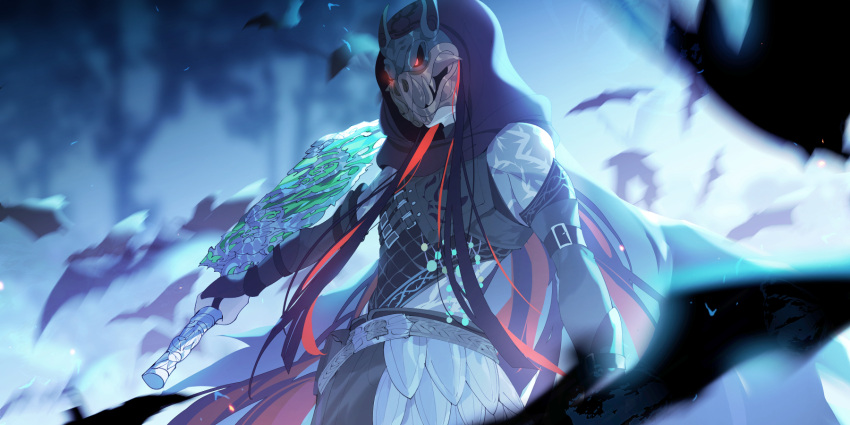 1boy, armor, bat_(animal), bat_mask, belt, black_hair, blunt_ends, blurry, blurry_foreground, chest_protector, cleaver, fishee_(fisheem4mmal), forest, glowing, glowing_eyes, hair_over_shoulder, highres, holding, holding_weapon, hood, hood_up, light_particles, lilia_vanrouge, long_hair, male_focus, mask, multicolored_hair, multiple_belts, nature, official_alternate_costume, official_alternate_hair_length, official_alternate_hairstyle, plate_armor, redhead, solo, spoilers, streaked_hair, thorn_print, twisted_wonderland, weapon