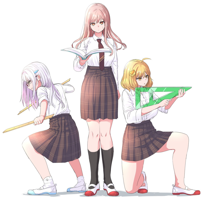3girls, ahoge, aiming, anis_(nikke), black_socks, blonde_hair, book, breasts