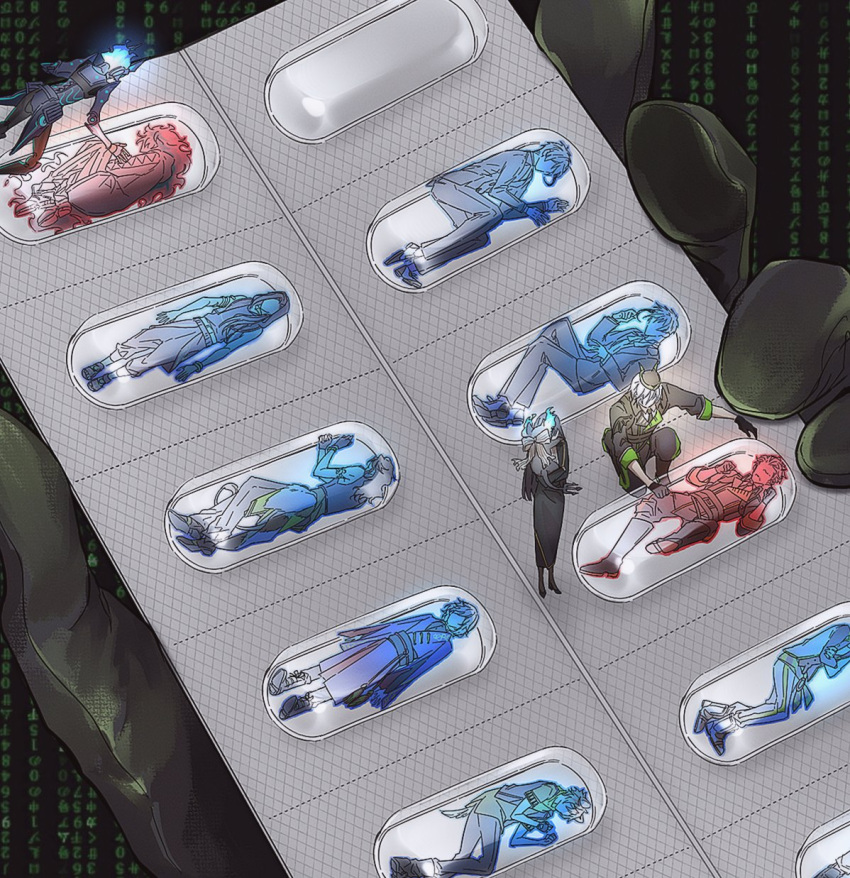 1girl, 6+boys, a_(twst_kts), ace_trappola, animal_ears, arm_up, armlet, asymmetrical_hair