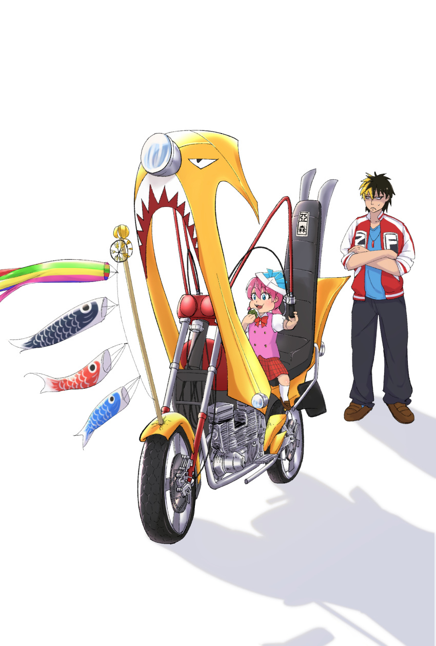 1boy, 1girl, black_hair, black_pants, blonde_hair, blue_eyes, blue_jacket, brown_footwear