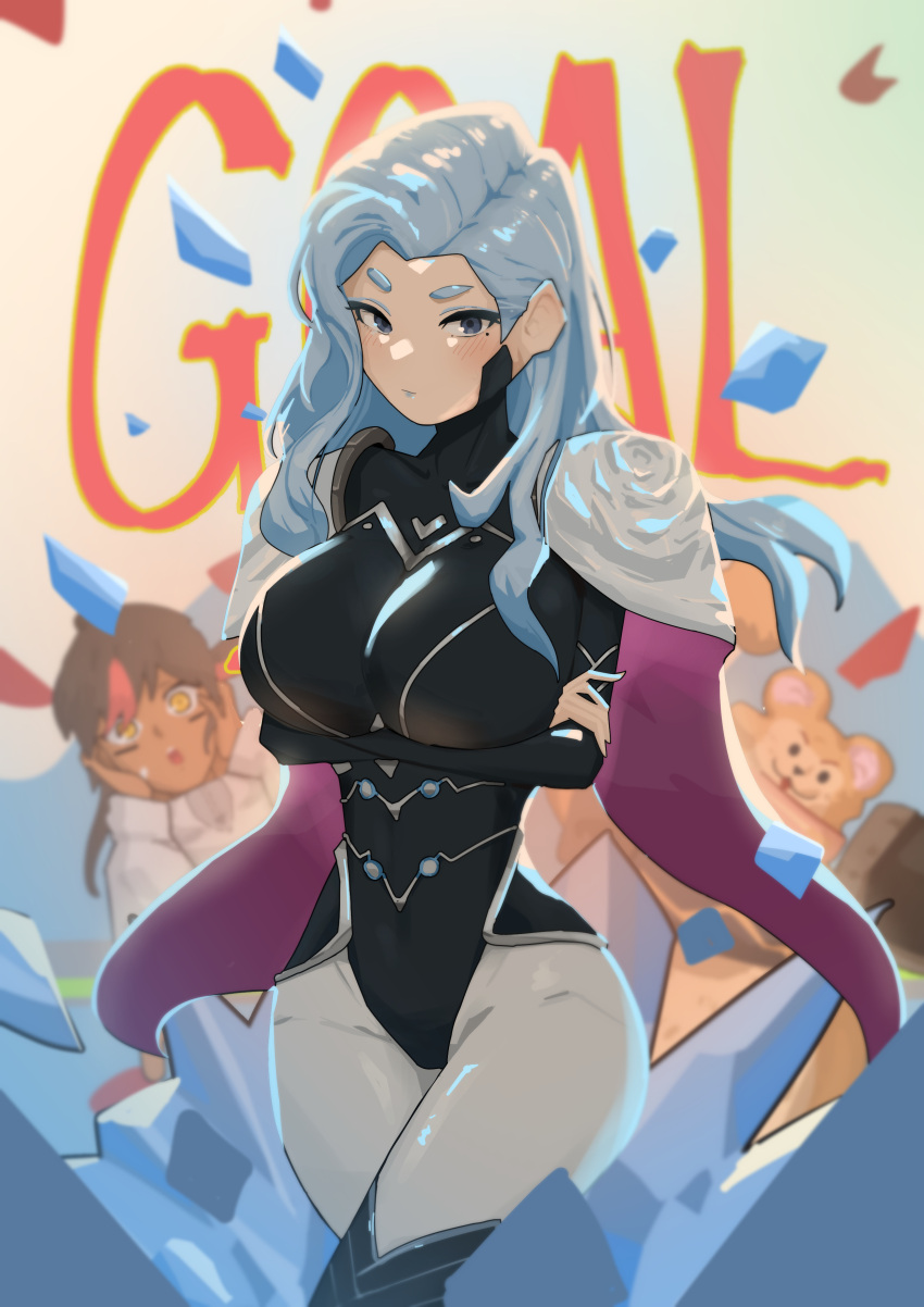 1boy, 2girls, absurdres, animal_ears, armor, azz0422, black_leotard, blue_hair