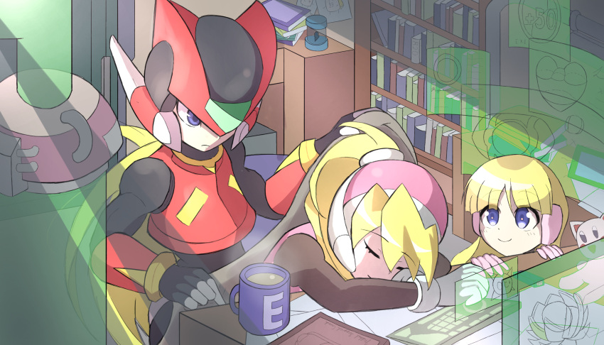 1boy, 2girls, alouette_(mega_man), blanket, blonde_hair, blue_eyes, bodystocking, breasts