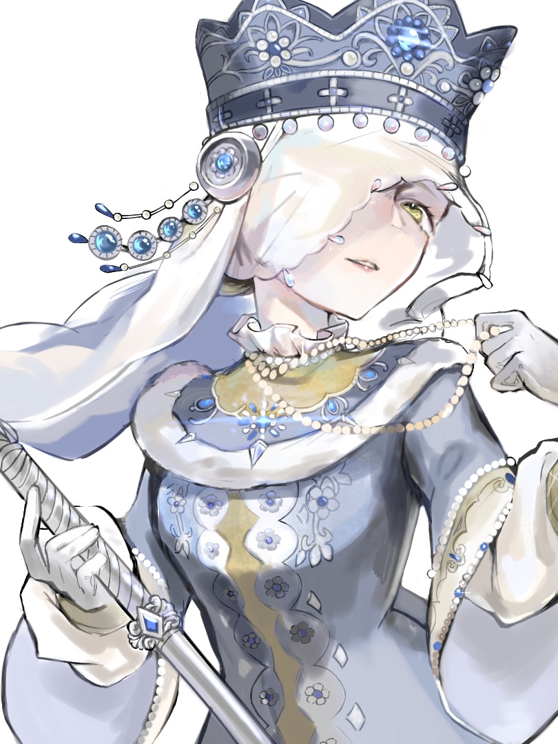 1girl, blonde_hair, blue_dress, dress, fur-trimmed_dress, fur_trim, gloves, hair_bun