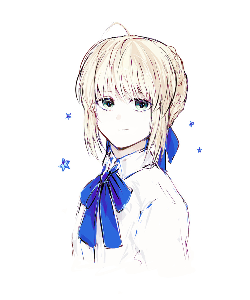 1girl, ahoge, artoria_pendragon_(fate), blonde_hair, dress, fate_(series), green_eyes, hair_ribbon, highres, looking_at_viewer, ribbon, saber, sodamachi, solo, star_(symbol), tagme, white_background