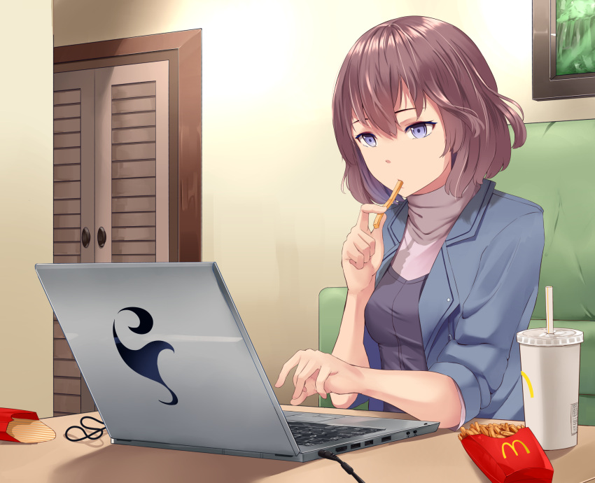 1girl, blue_eyes, breasts, brown_hair, computer, cup, disposable_cup, door