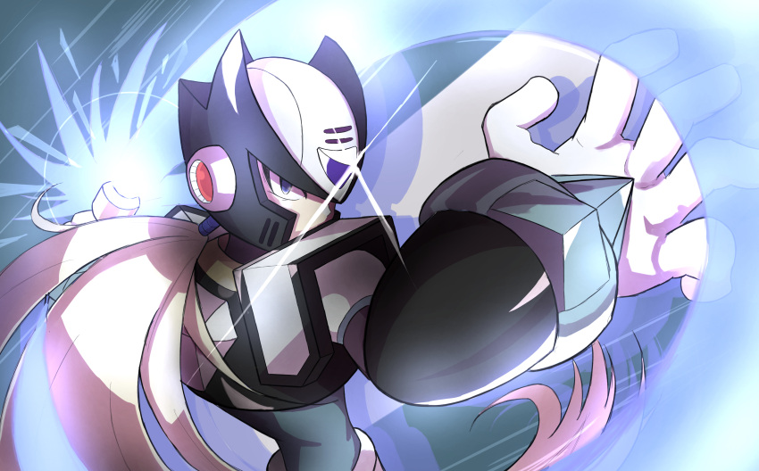 1boy, absurdres, armor, attack, back, beam_saber, black_armor, black_zero_(mega_man)