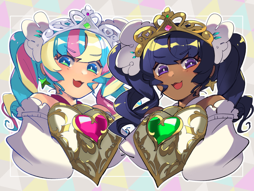 2girls, aqua_hair, armor, black_hair, blush, breastplate, cropped_torso, dark-skinned_female