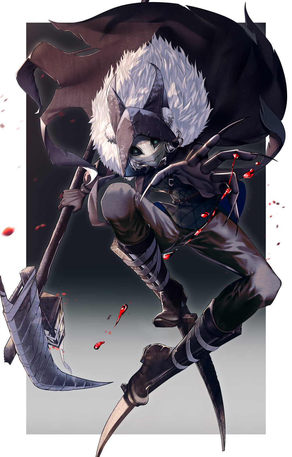 1boy, :>, animal_ear_fluff, animal_ears, animal_hood, axe, bandages, belt, black_footwear, black_gloves, black_sclera, blood, blue_eyes, boots, cloak, colored_sclera, fake_animal_ears, fingernails, frost, full_body, fur-trimmed_cloak, fur_trim, gloves, highres, holding, holding_axe, hood, hood_up, hooded_cloak, identity_v, ithaqua_(identity_v), jumping, knee_boots, lantern, long_fingernails, long_sleeves, looking_at_viewer, male_focus, mask, midair, multiple_belts, pikopin, reaching, reaching_towards_viewer, sharp_fingernails, short_hair, solo, stilts, torn_cloak, torn_clothes, white_hair