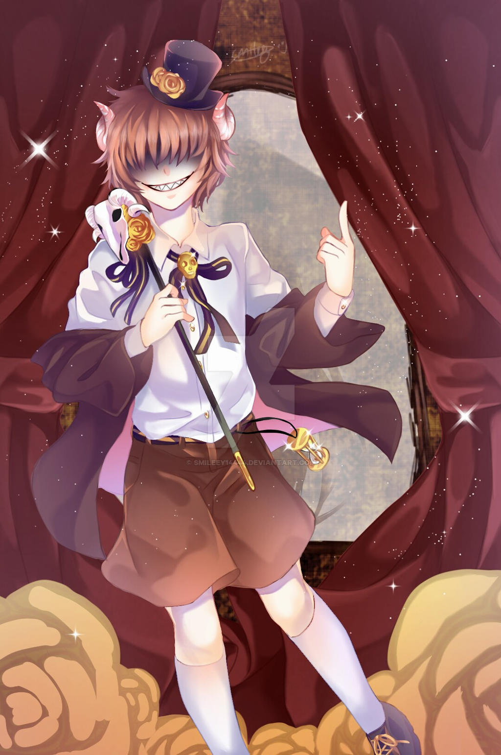 1boy, animal_skull, baggy_shorts, belt, black_belt, black_hat, black_ribbon, black_top_hat, brown_blazer, brown_shorts, colored, demon, demon_boy, demon_horns, flower, flowers, gold_ribbon, hair_over_eyes, hat, holding_staff, hourglass, knee_socks, multicolored_ribbon, pocket_mirror, ribbon, rose, sharp_teeth, shirt, shoes, shorts, signature, skull, smile, smileey14444, socks, staff, strange_boy, teeth, top_hat, two-tone_ribbon, watermark, white_shirt, white_socks