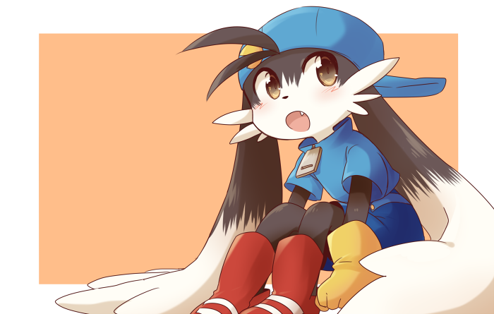 aka_muffler_yamato, ambiguous_species, black_fur, blue_headwear, blue_shirt, blush, fang, fluffy