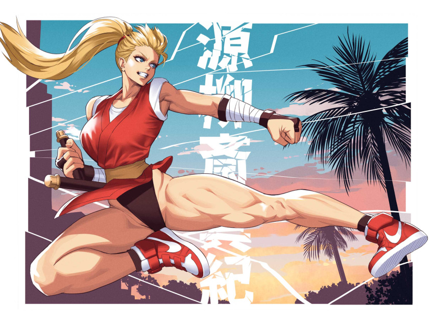 1girl, bare_legs, black_panties, black_socks, blonde_hair, blue_eyes, breasts, bridal_gauntlets