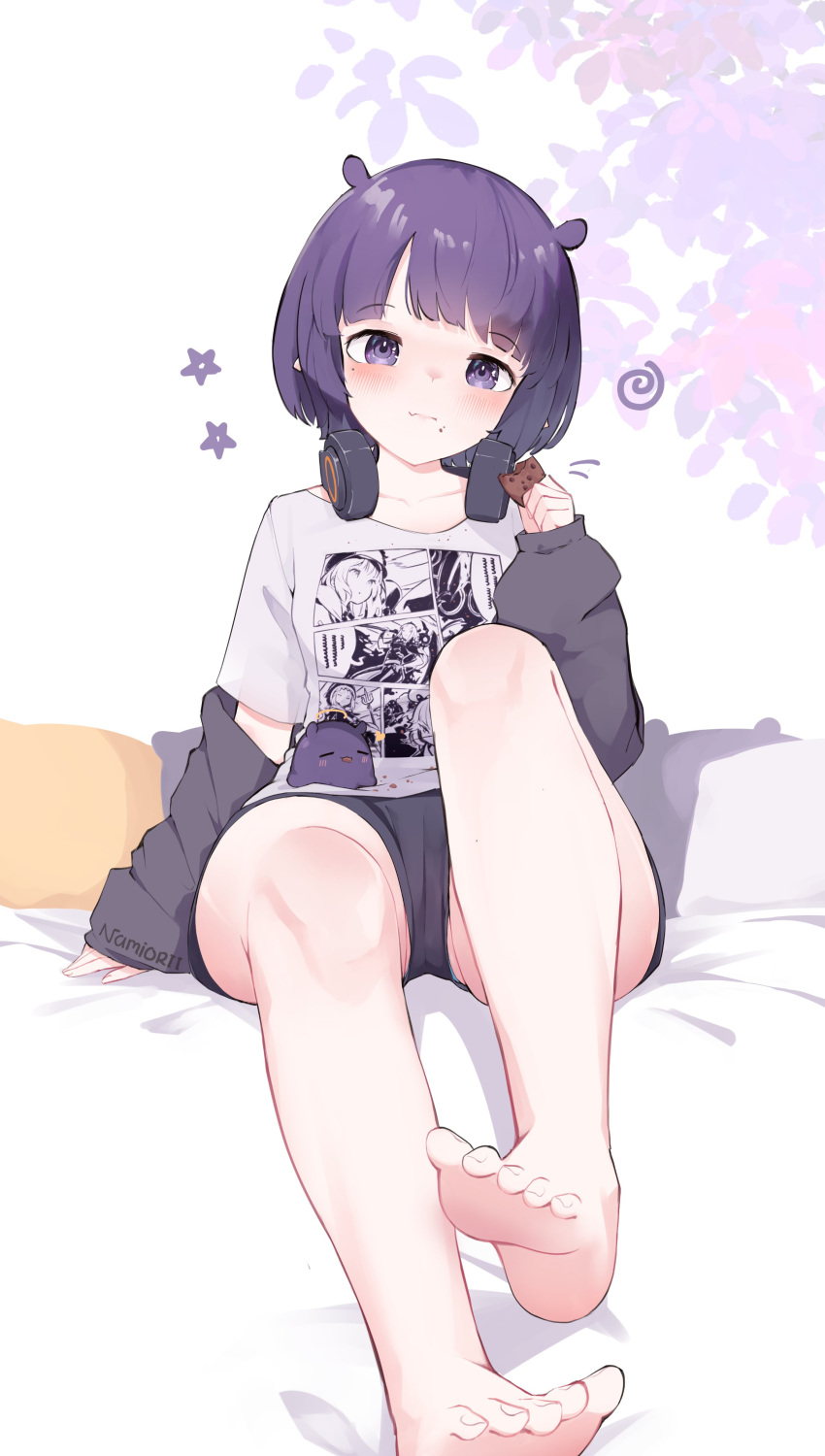 1girl, absurdres, artist_name, barefoot, blunt_bangs, blush, chocolate_chip_cookie, commentary